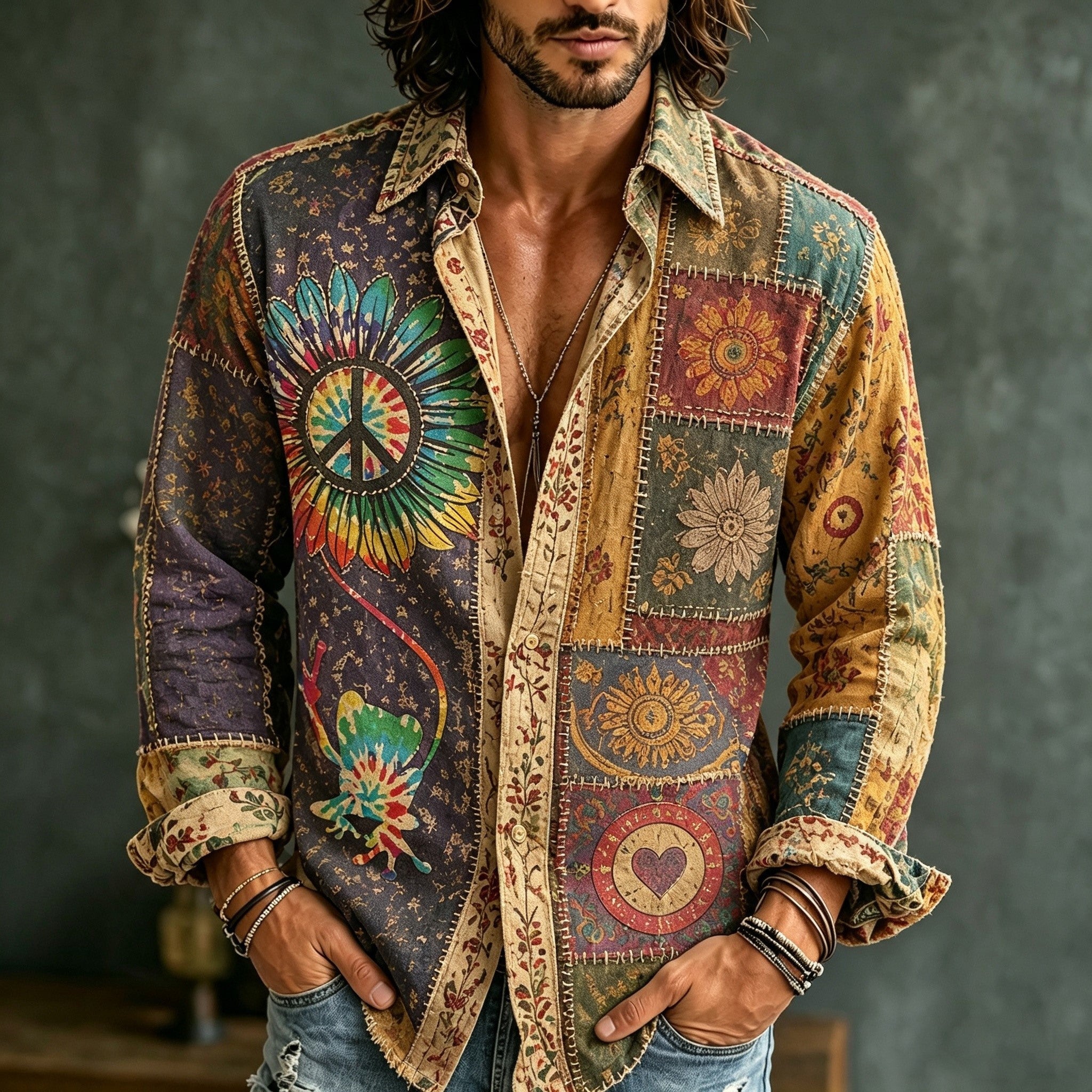 Men's Retro Bohemian Hippie Style Floral Patchwork Print Shirt