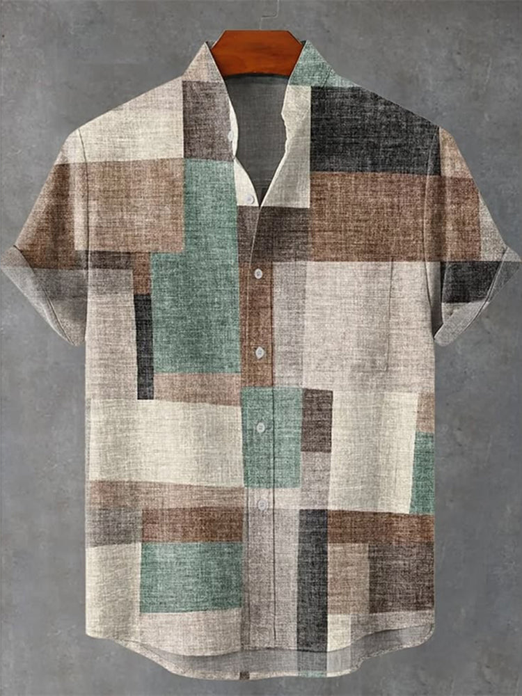Vintage Geometry Color Block Art Print Casual Cotton Linen Short Sleeve Shirt