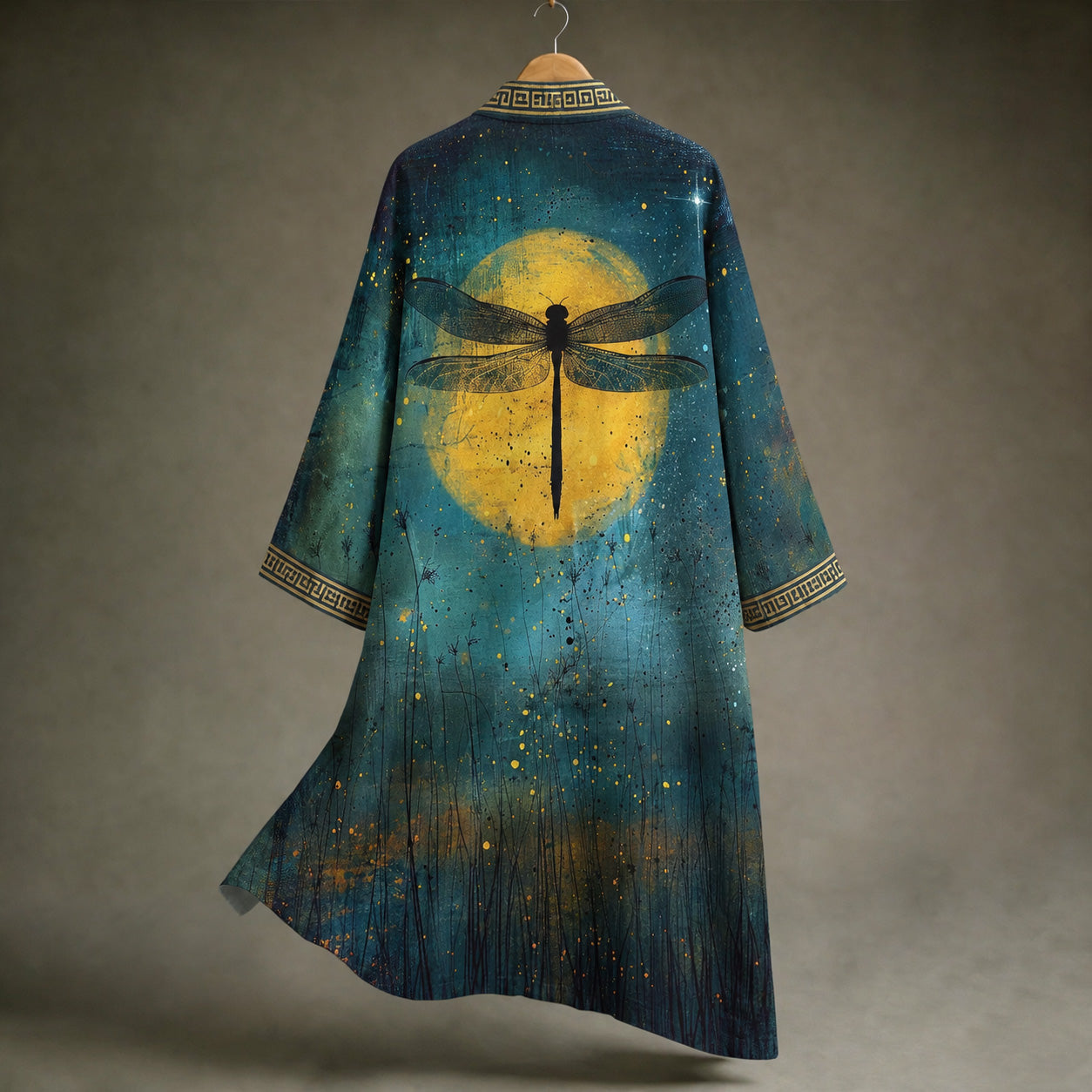 Men's Japanese-style Long Kimono With Floral And Dragonfly Prints