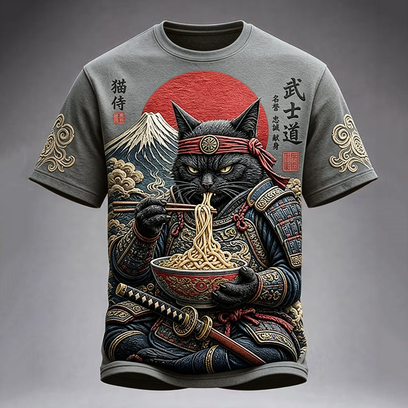 Men's Black Cat Samurai Eats Ramen Print Casual T-shirt