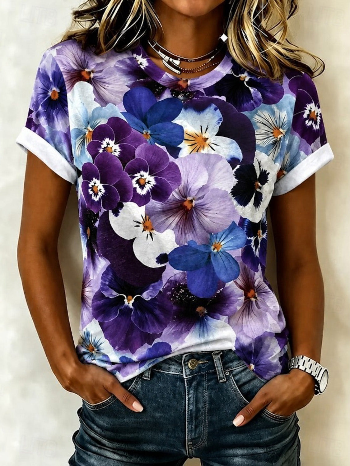 Women's Bohemian Purple Pansy Patterns Print T-shirt
