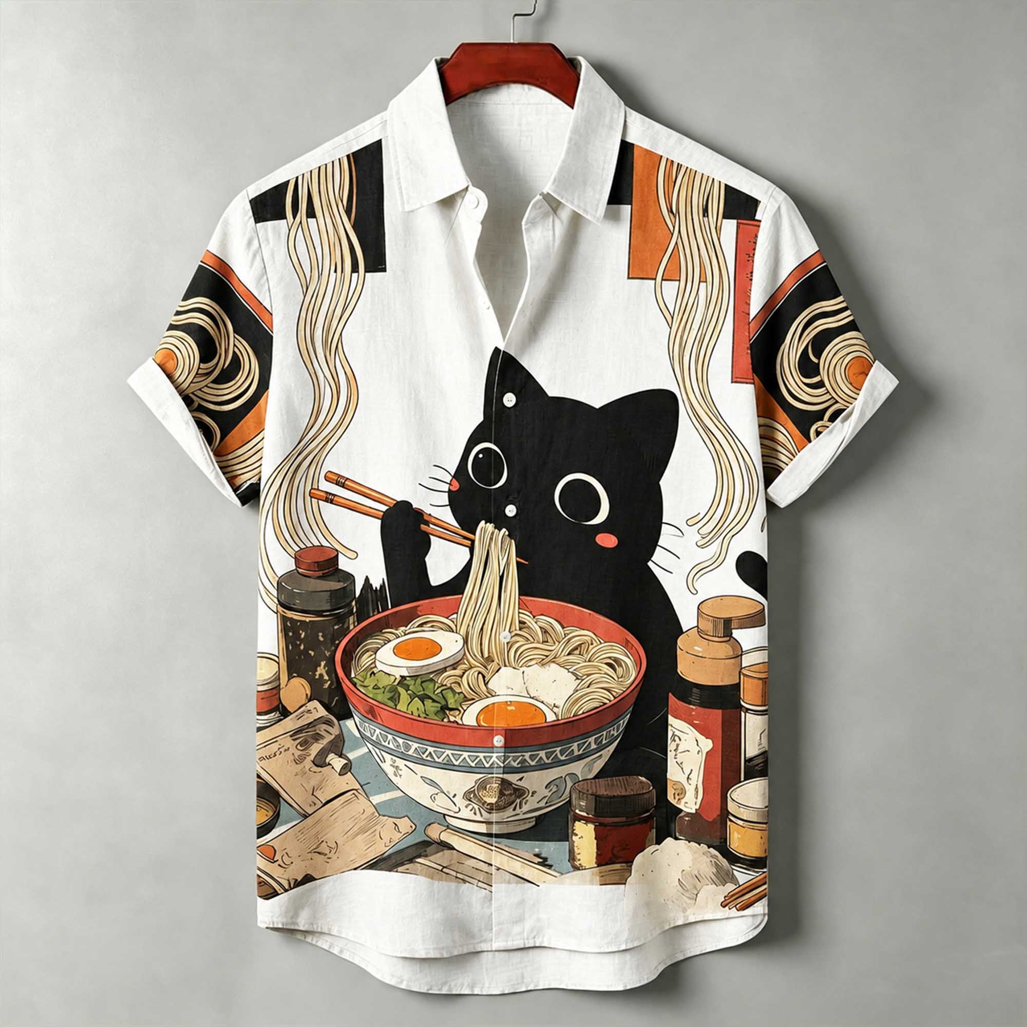 Men's Japanese Ukiyo-e Print Black Cat Eating Ramen Print Casual Loose Short-sleeve Shirt