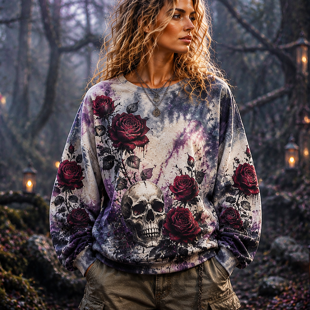 Women's Crewneck Sweatshirt With Gothic Skull And Dark Red Rose Print