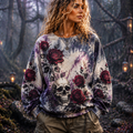 Women's Crewneck Sweatshirt With Gothic Skull And Dark Red Rose Print