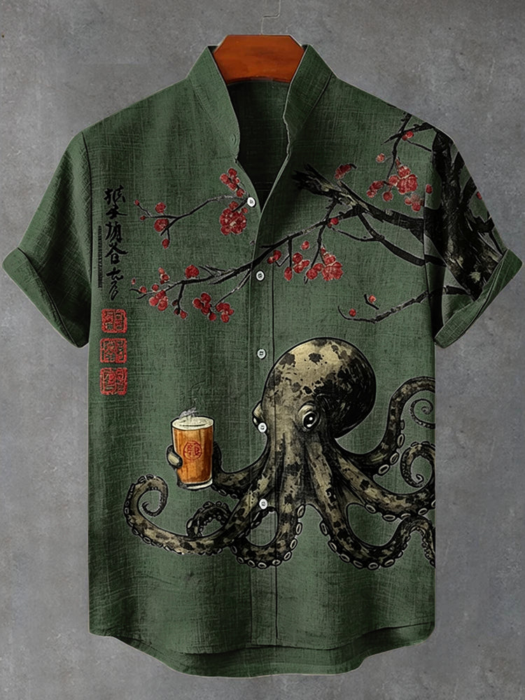 Men's Octopus Drinking Tea Under The Cherry Tree Art Print Casual Shirt