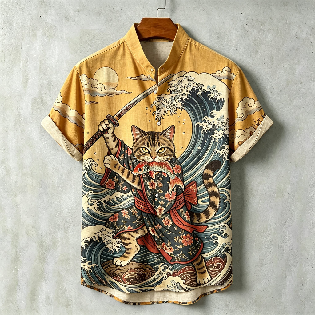 Men's Samurai Wave Print Short-sleeve Cotton Linen Shirt