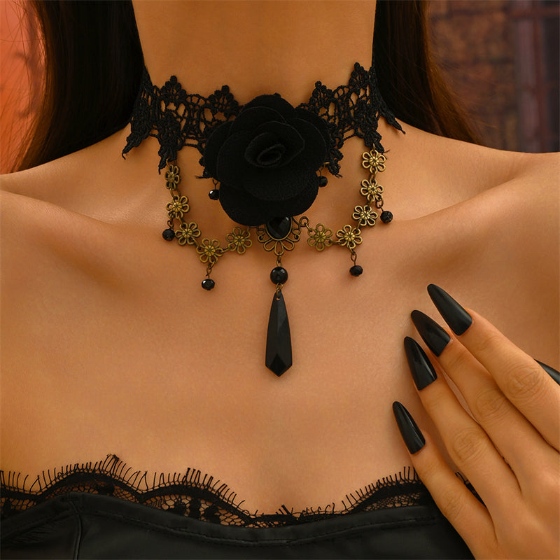 Vintage Gothic Black Rose Floral Lace Choker