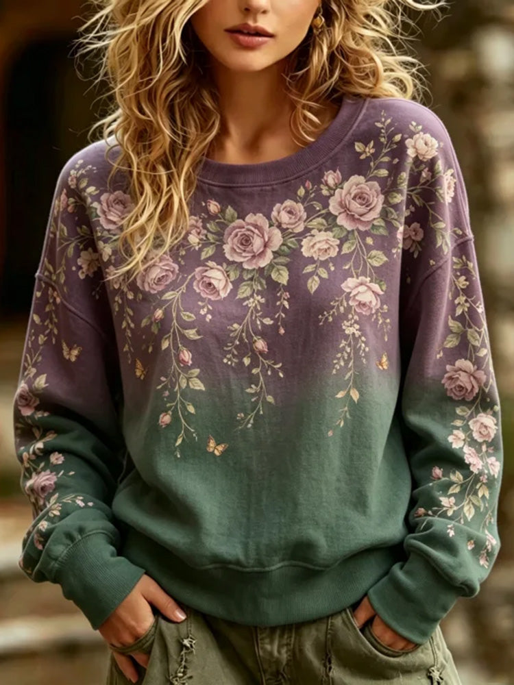 Women's Vintage Romantic Rose Gradient Art Casual Crewneck Sweatshirt