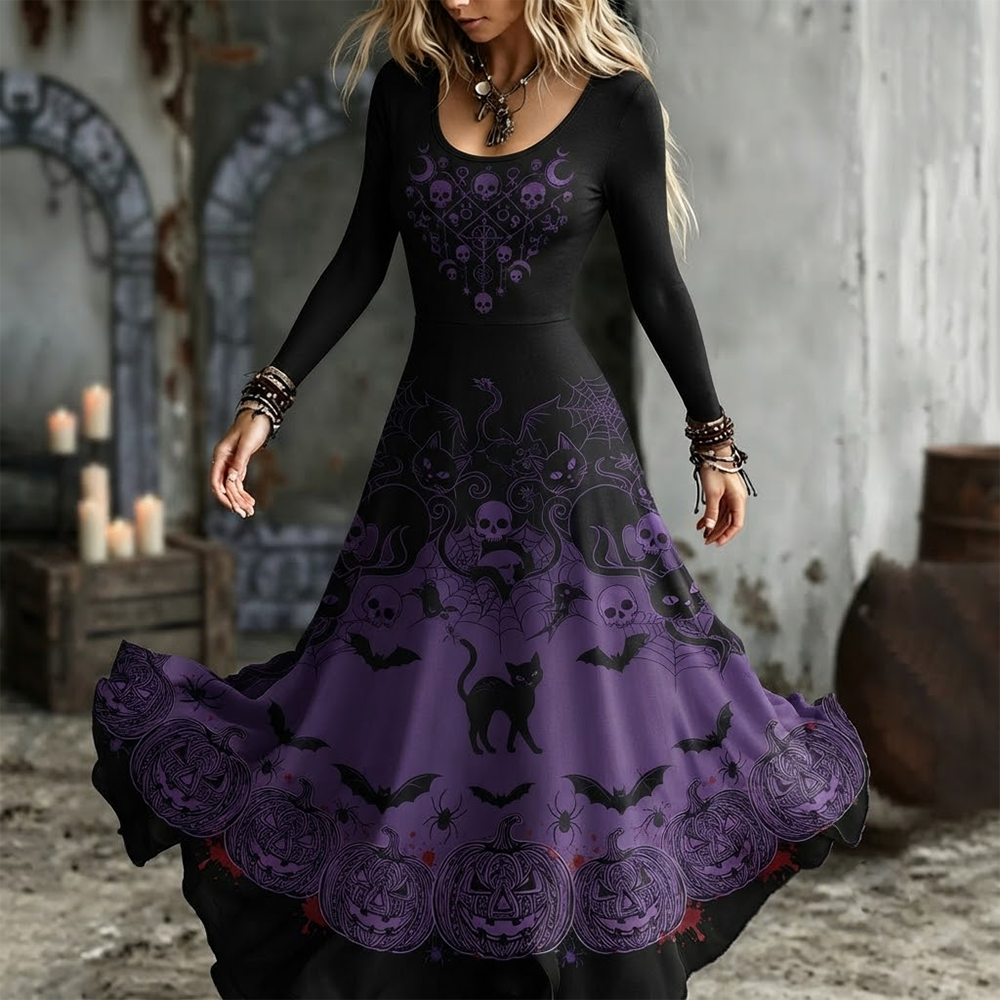 Women's Gothic Purple Gradient Skull, Black Cat And Pumpkin Long Sleeve Maxi Dress
