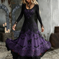 Women's Gothic Purple Gradient Skull, Black Cat And Pumpkin Long Sleeve Maxi Dress