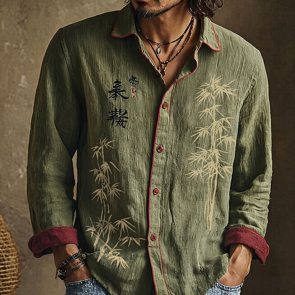 Men's Retro Japanese Bamboo And Calligraphy Art Pattern Casual Shirt