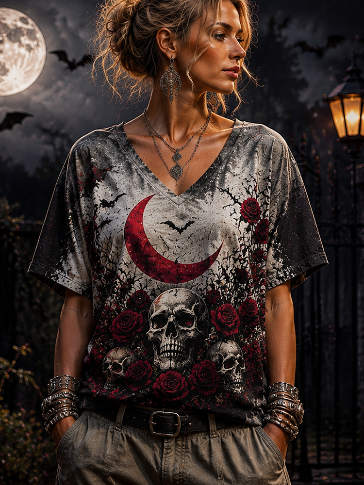 Women's Gothic V-neck T-shirt With Red Crescent Moon, Bats, And Rose Skull Graphic Print