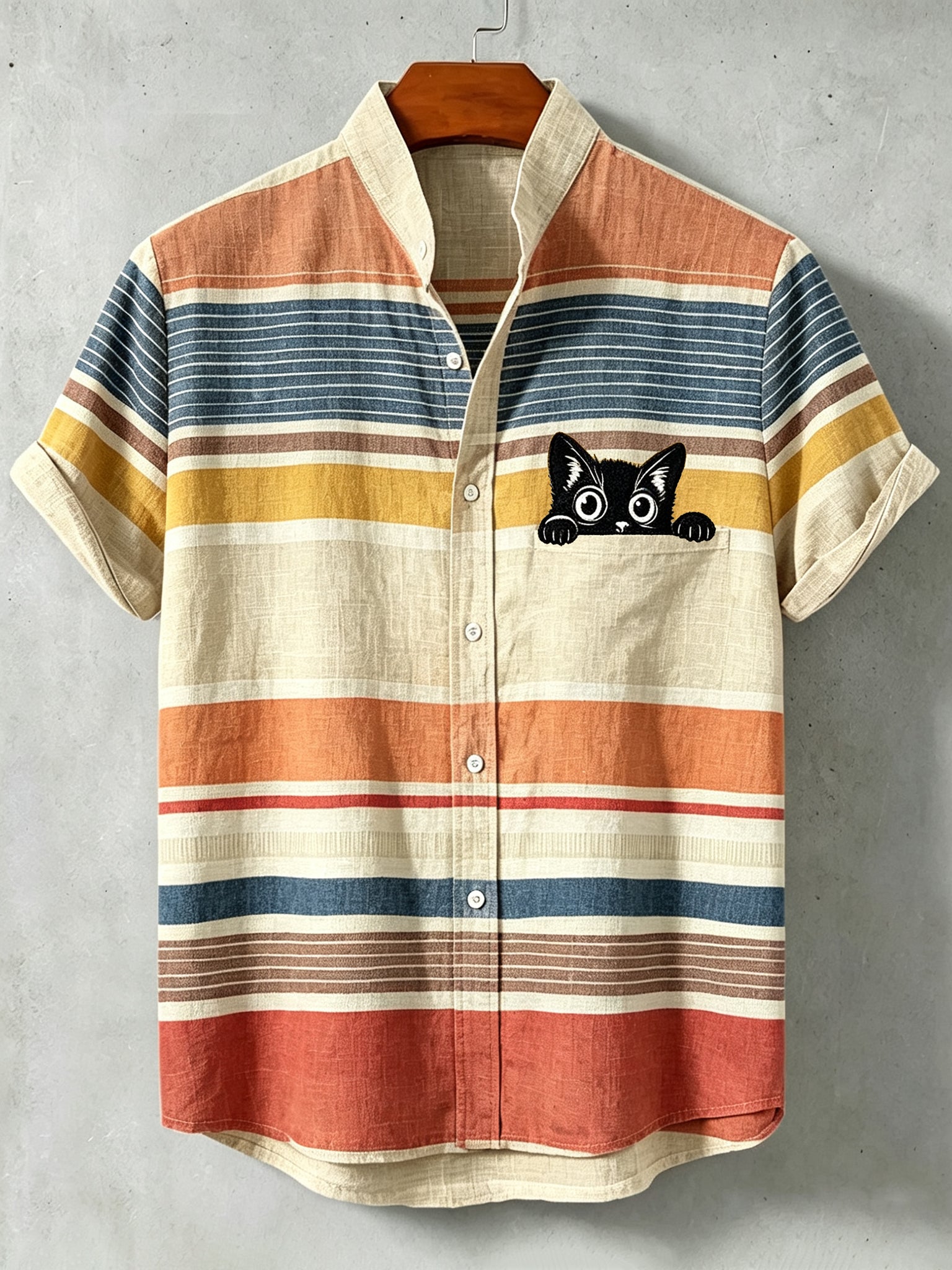 Men's Casual Retro Striped Black Cat Short-sleeve Cotton Linen Shirt