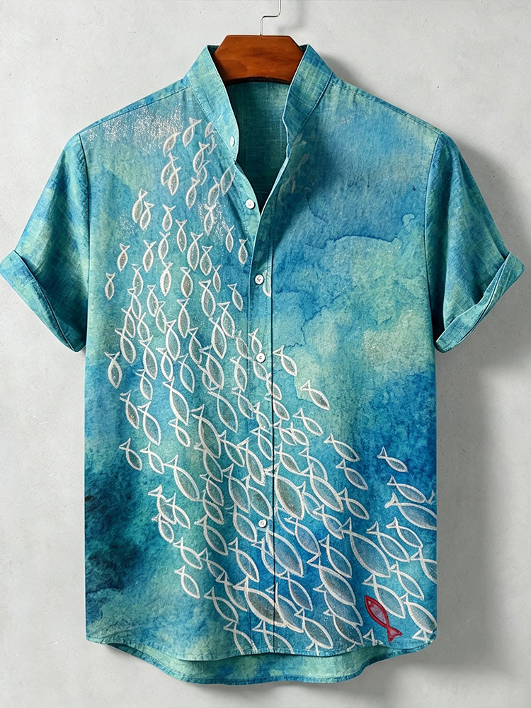 Men's Japanese Style Ocean Fish Print Casual Short-sleeved Shirt