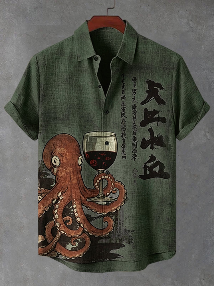 Men's Octopus Holding A Goblet Art Print Casual Shirt