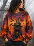 Women's Witch Black Cat & Autumn Leaf Sweatshirt - Spooky Halloween Graphic Crewneck Pullover