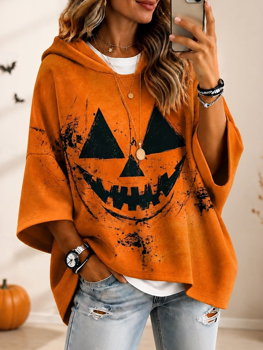 Women's Retro Halloween Emoji Print Loose Hooded Top