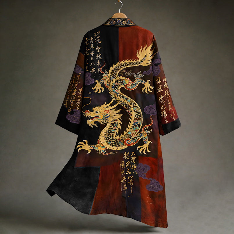Men's Vintage Japanese Calligraphy Dragon Art Pattern Linen Blend Kimono