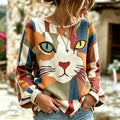 Women's Abstract Creative Cool Cat In Patchwork Art Linen Blend Round Neck Long Sleeve Tops
