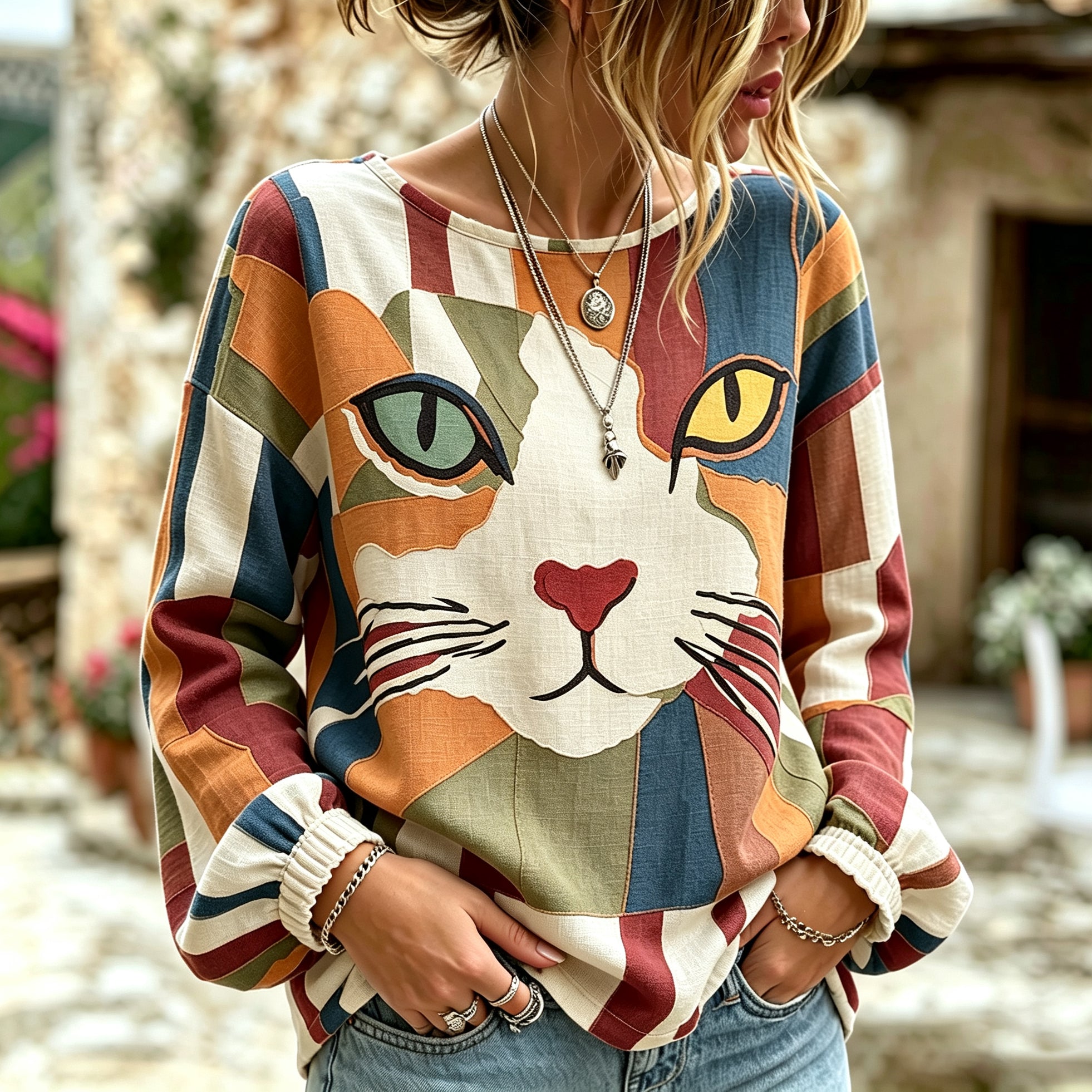 Women's Abstract Creative Cool Cat In Patchwork Art Linen Blend Round Neck Long Sleeve Tops