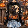 Women's Gothic Black Witch Cat On Pumpkin Moon And Spiderweb Print Hoodie