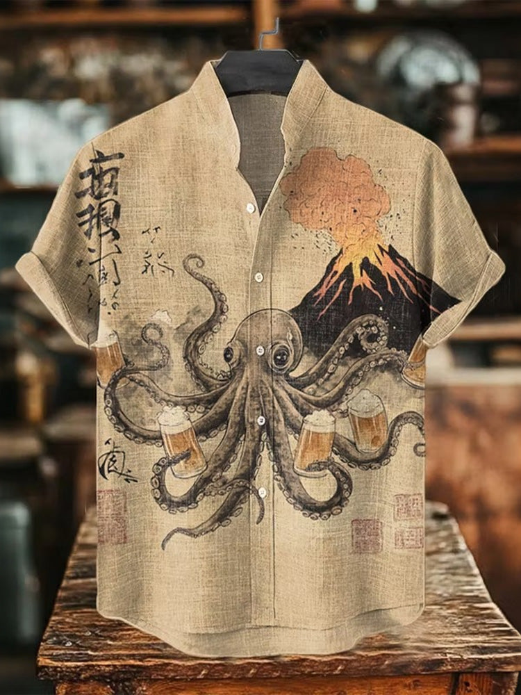 Men's Retro Drunk Octopus Art Print Short Sleeve Shirt