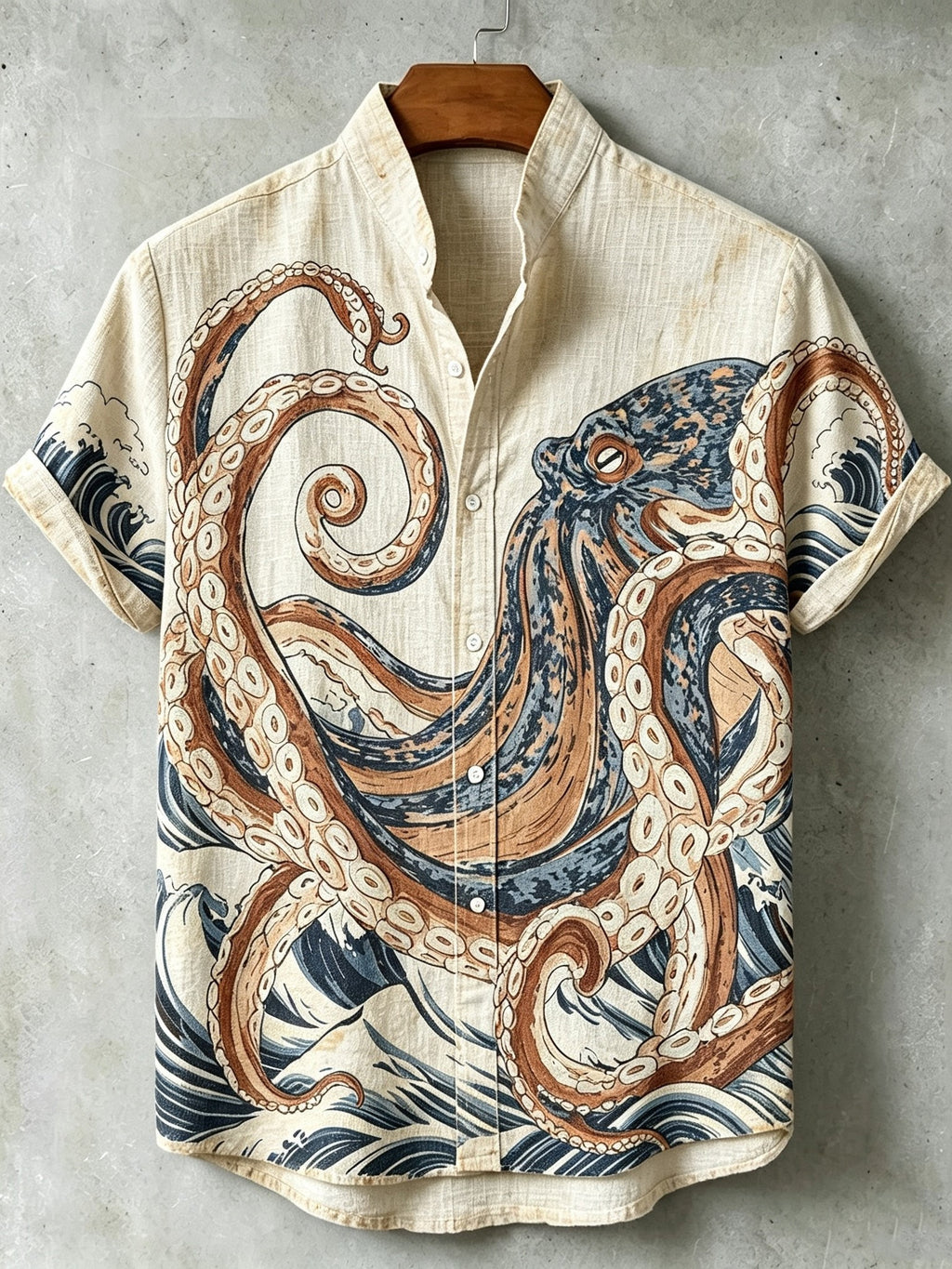 Men's Retro Japanese Art Octopus Print Cotton Linen Short-sleeve Shirt