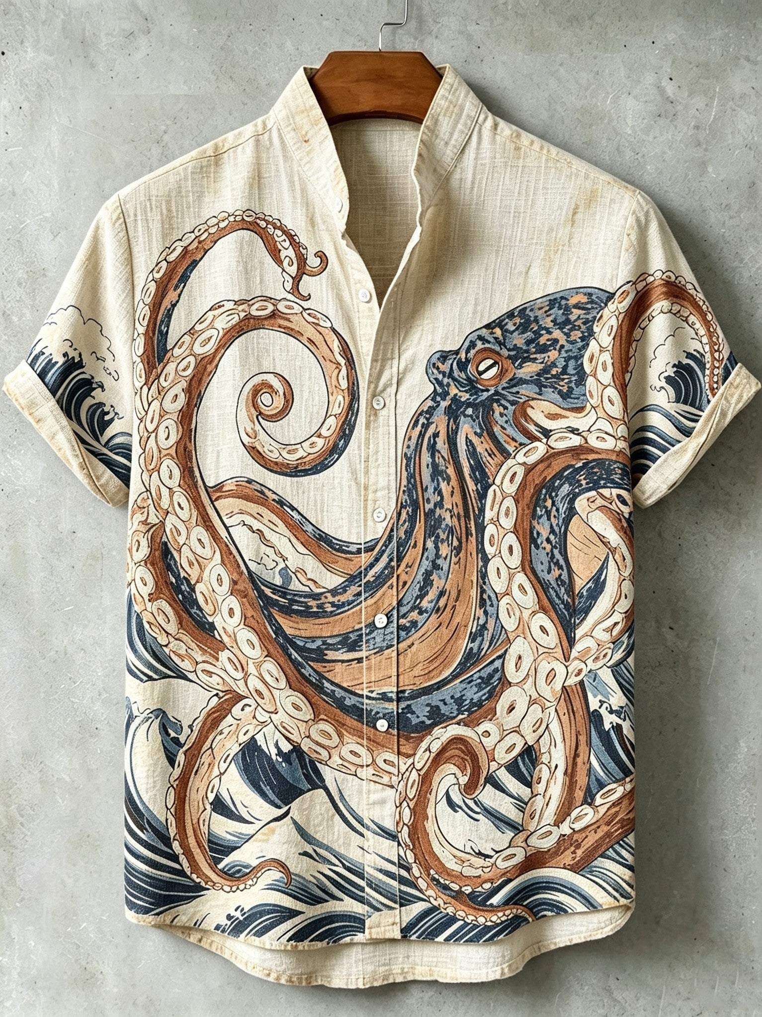 Men's Retro Japanese Art Octopus Print Cotton Linen Short-sleeve Shirt