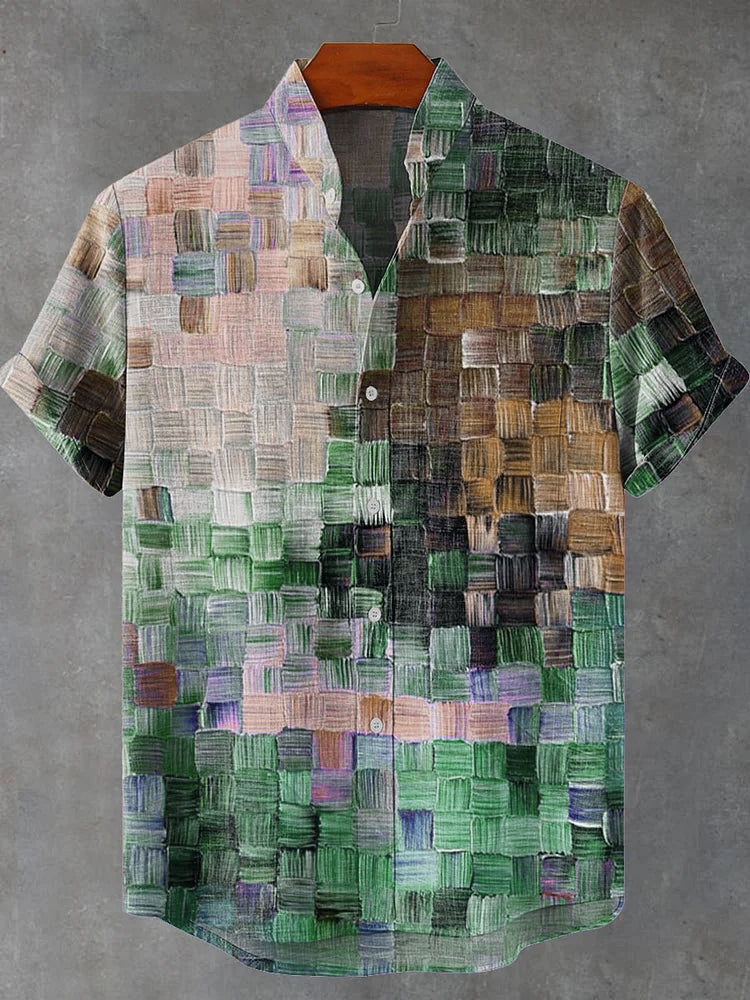 Oil Painting Style Lattice Vintage Art Print Casual Cotton Linen Shirt