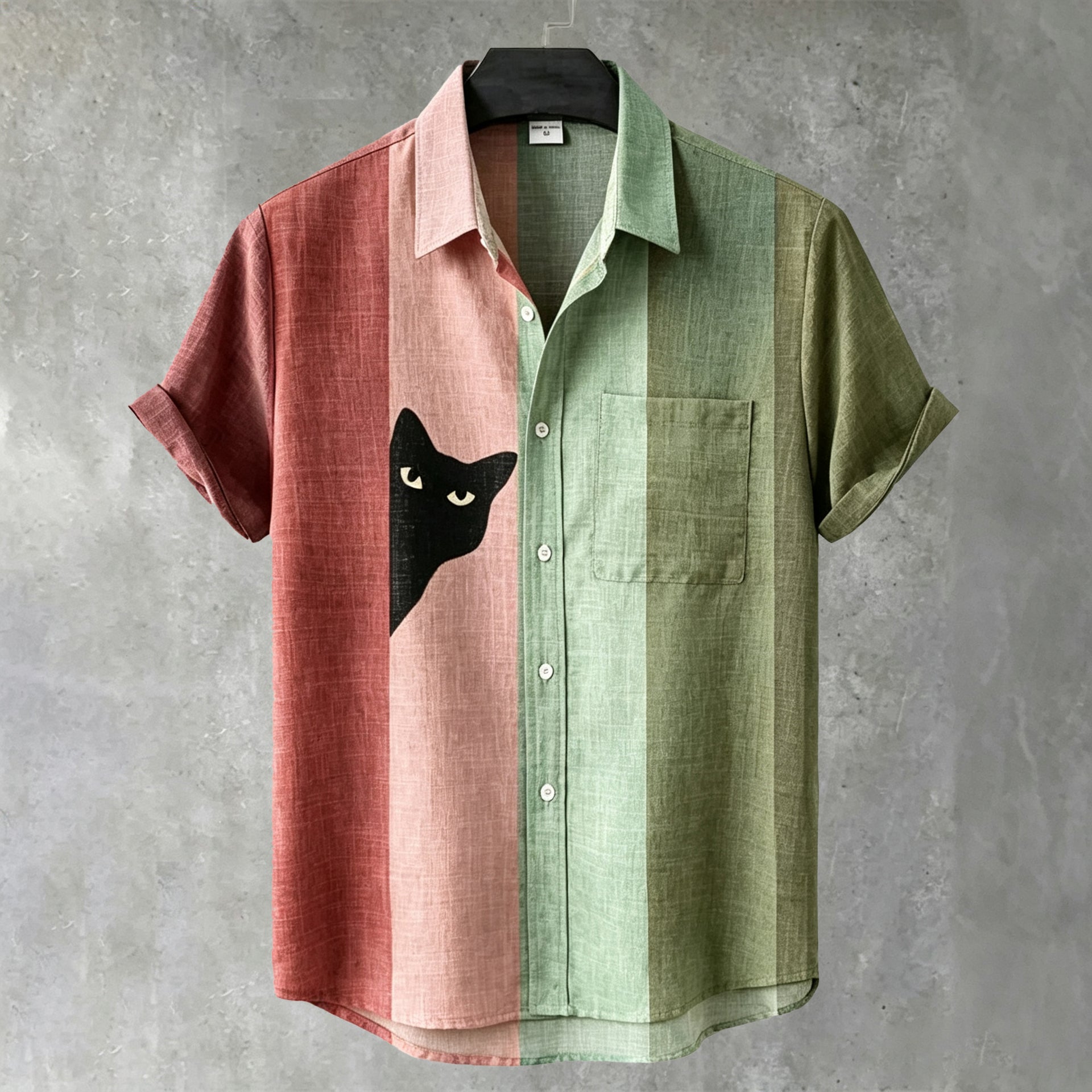 Men's Vintage Black Cat Contrast Stripes Short Sleeve Collared Shirt
