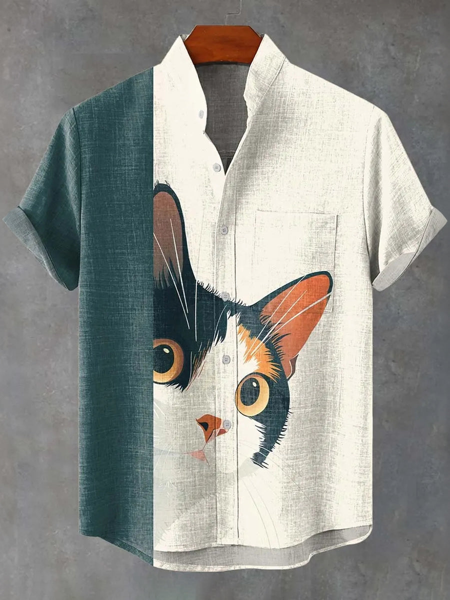 Men's Cat Looking Print Linen Blend Casual Shirt