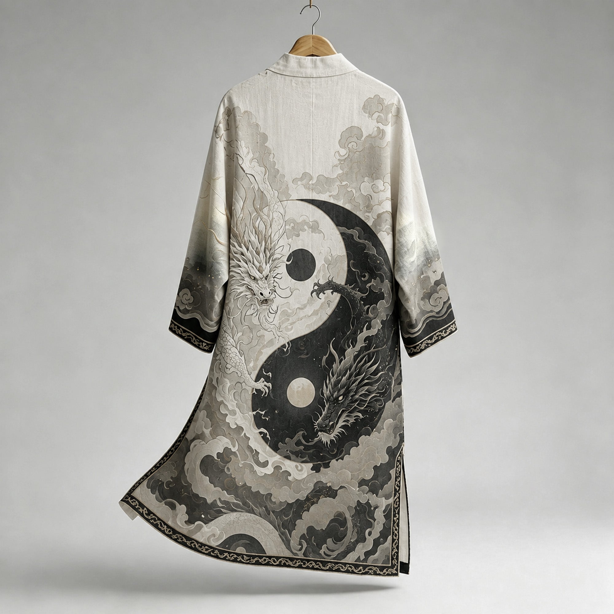 Men's Vintage Oriental Yin Yang Twin Dragon Cloud Print Art Loose Casual Outerwear