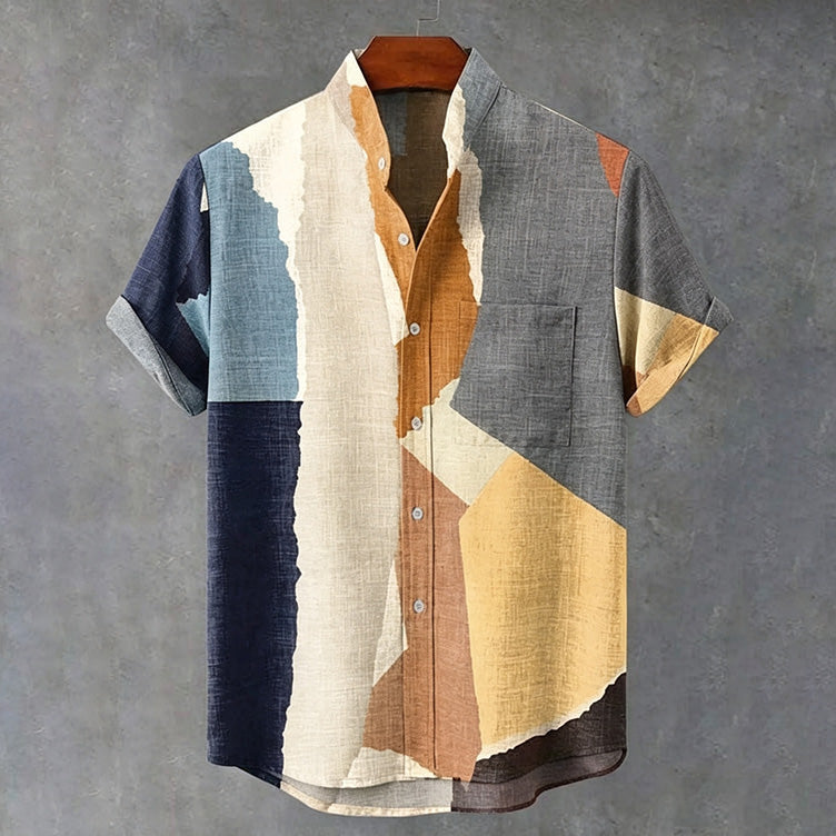 Men's Geometric Color Block Abstract Art Print Linen Blend Short-sleeve Shirt