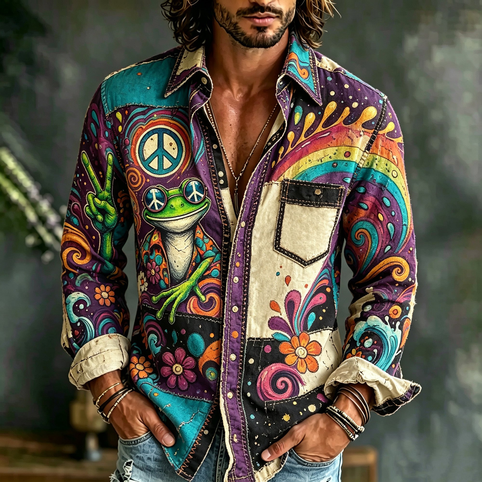 Men's Hippie Retro Psychedelic Rainbow Swirl Floral Patchwork Peace Frog Long Sleeve Button Down Shirt